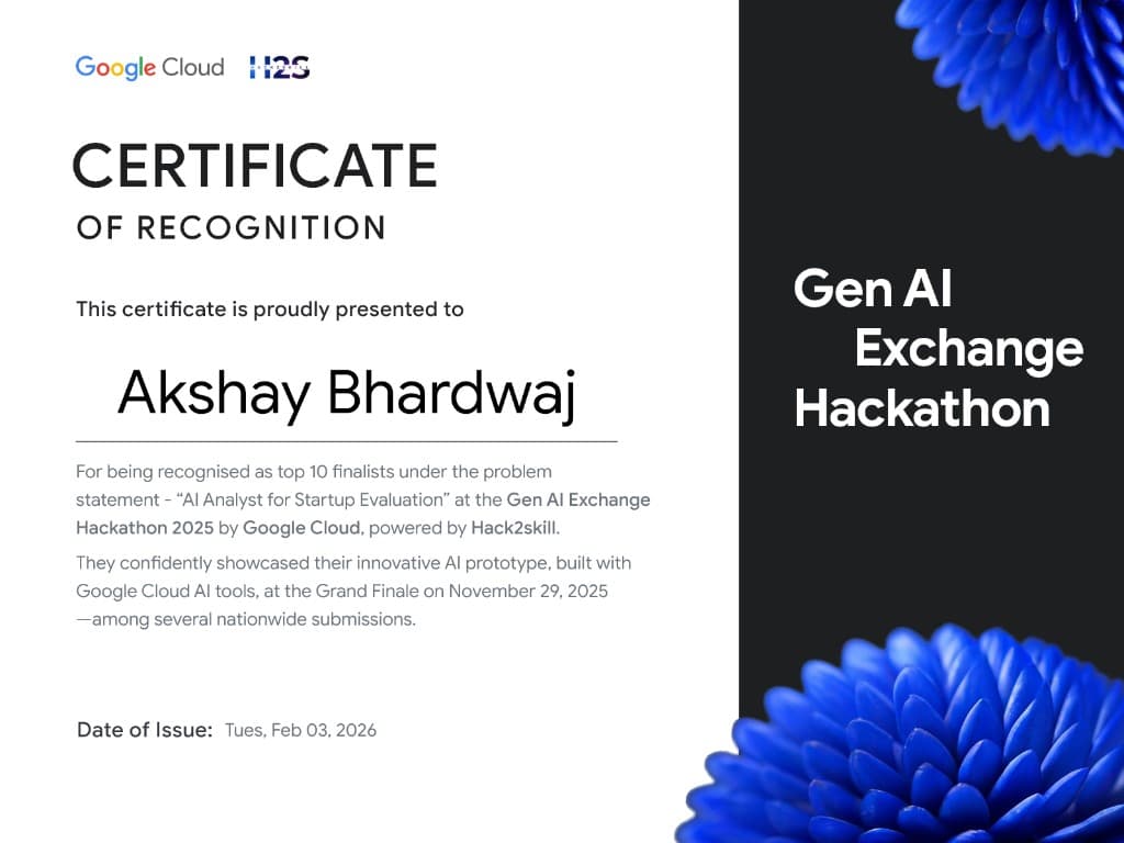 Google Gen AI Exchange Hackathon certificate for Akshay Bhardwaj